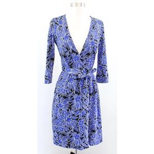 Diane Von Furstenberg New Julian Two Blue Black Floral Print Wrap Dress Size 2